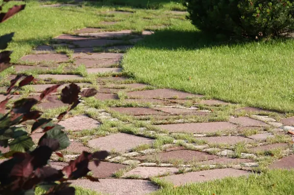 Дорожка из натурального камня (розовый плитняк) в траве