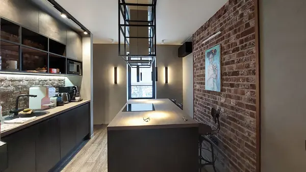 Лофт в квартире фотографа: кухня и холл, 103 кв. м.