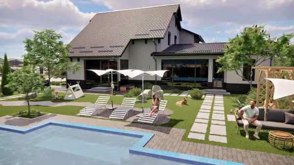 Фасад и ландшафт дачного домика