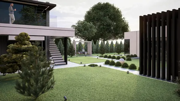 Проект фасада  и ландшафта для дома с плоской крышей