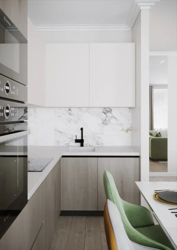 Яркий дизайн кухни-гостиной для молодой семьи