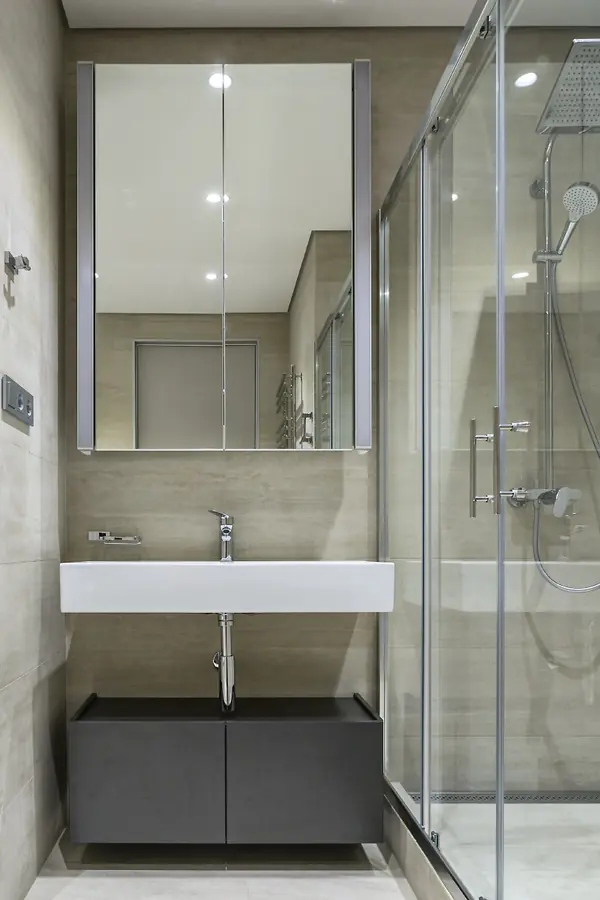 Современный проект с 2 спальнями в серых тонах.