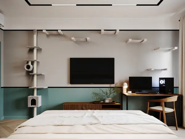 Спальня с игровым комплексом для кошек