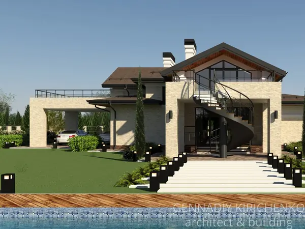 Проект двухэтажного дома с мансардой и навесом под два авто.