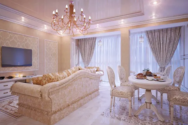 Gold and creamy traditional living room and kitchen