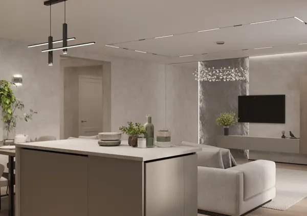 Современный дизайн кухни-гостиной