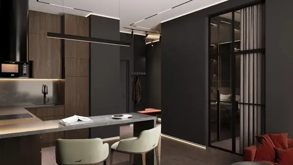 Квартира 54 м² для молодого человека в темных тонах с яркими акцентами