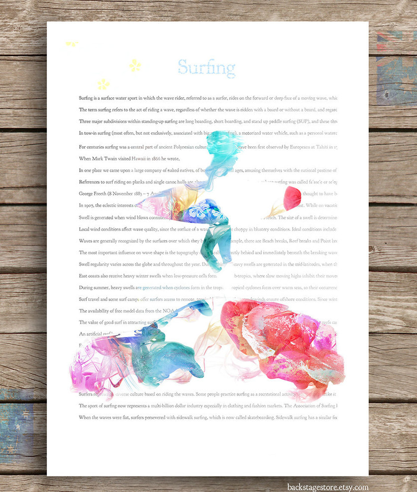 Surfing girl on the Mini coupe . Abstract Painting. Modern Print. Interior decor