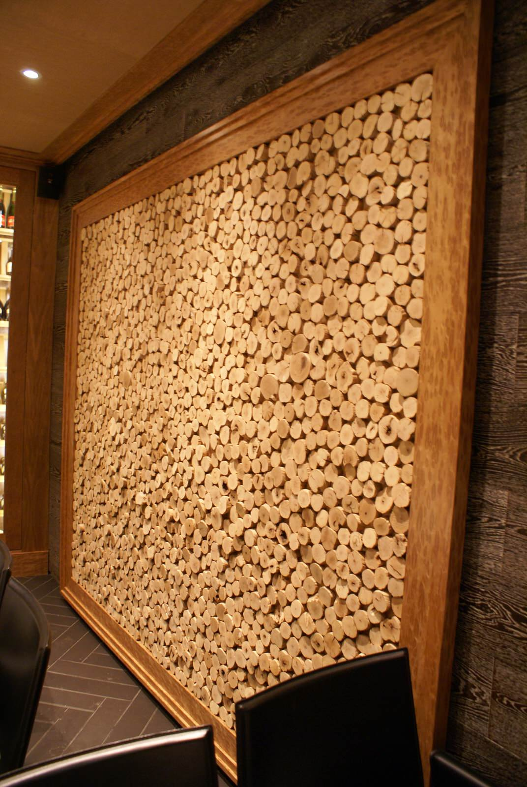 Burl Eucalyptus veneered  wall decor and ceiling moldings.
