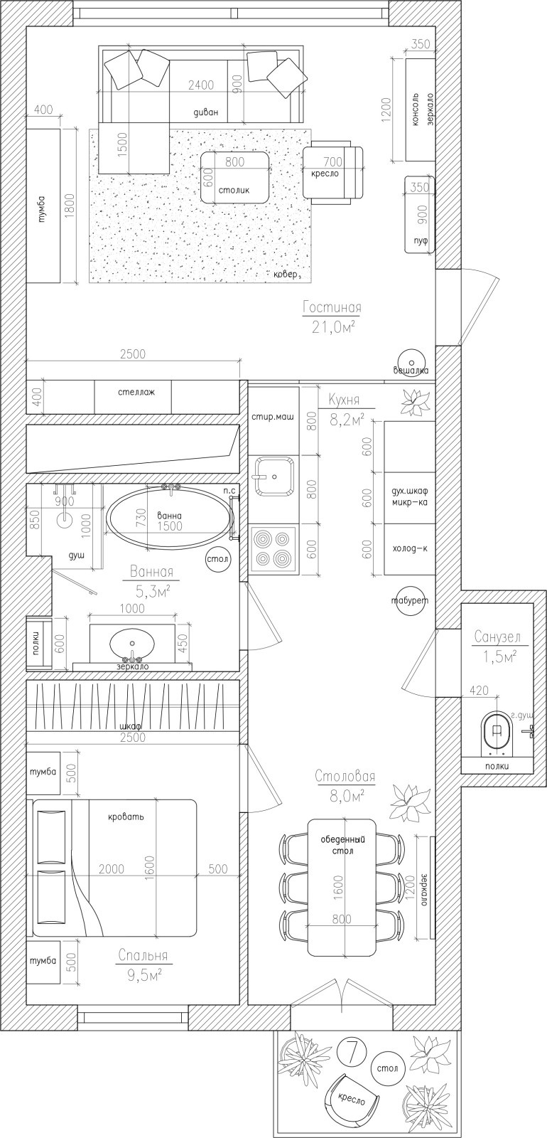 Планировка 53,5м²