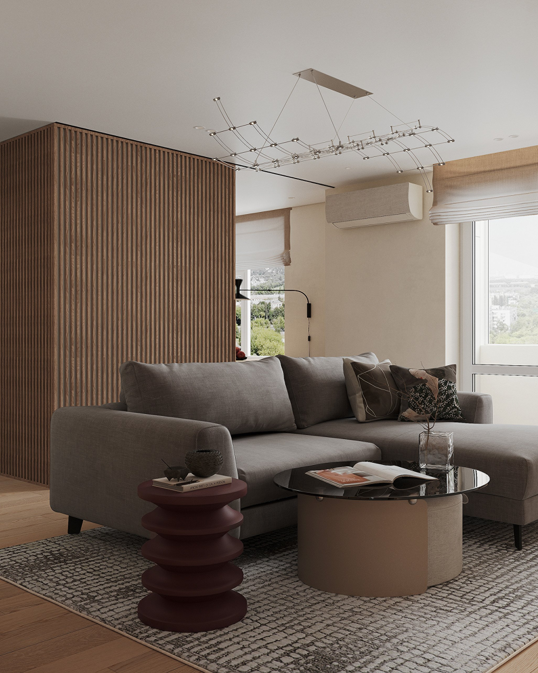 Круговая планировка в интерьере 56 м² с элементами japandi