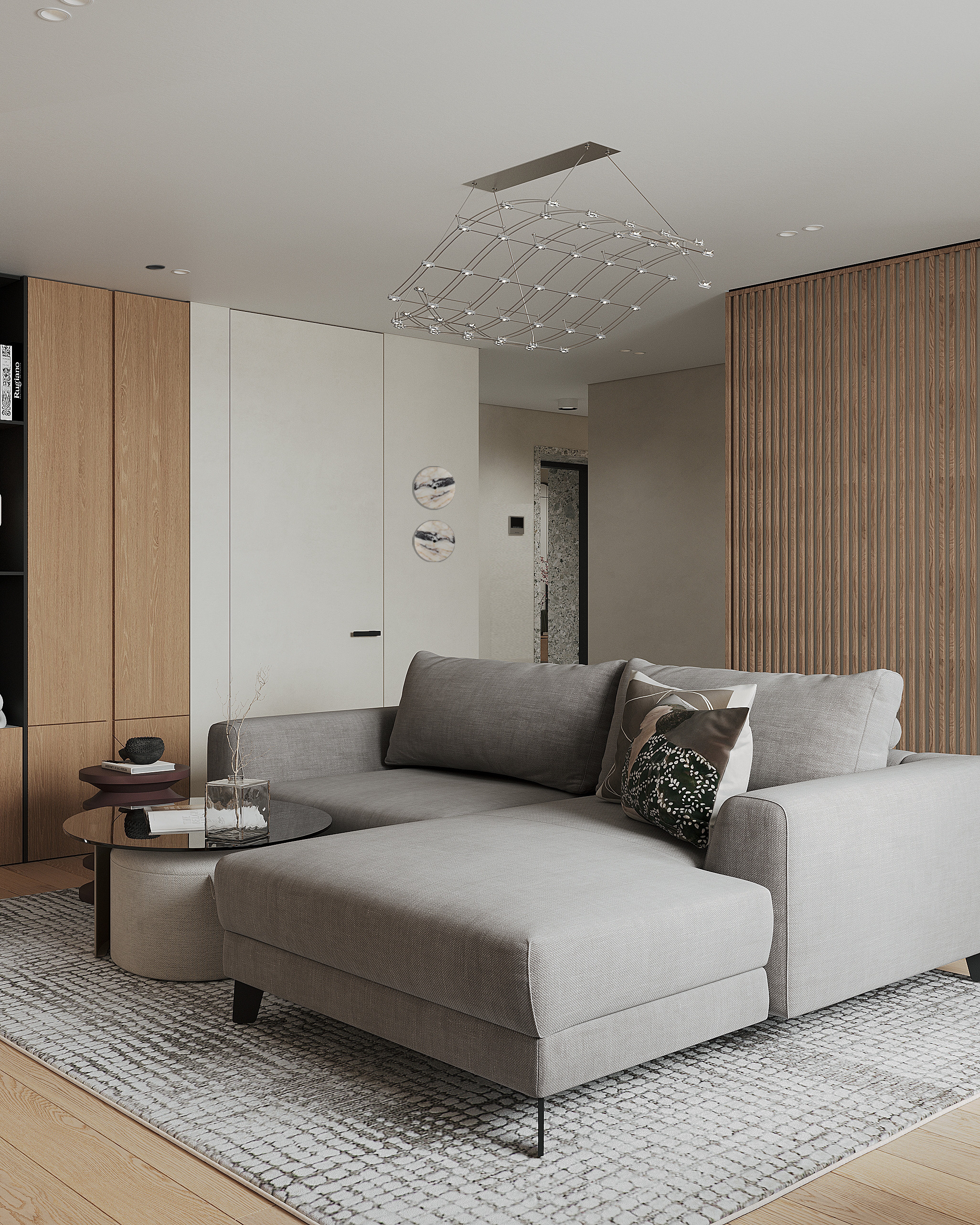 Круговая планировка в интерьере 56 м² с элементами japandi