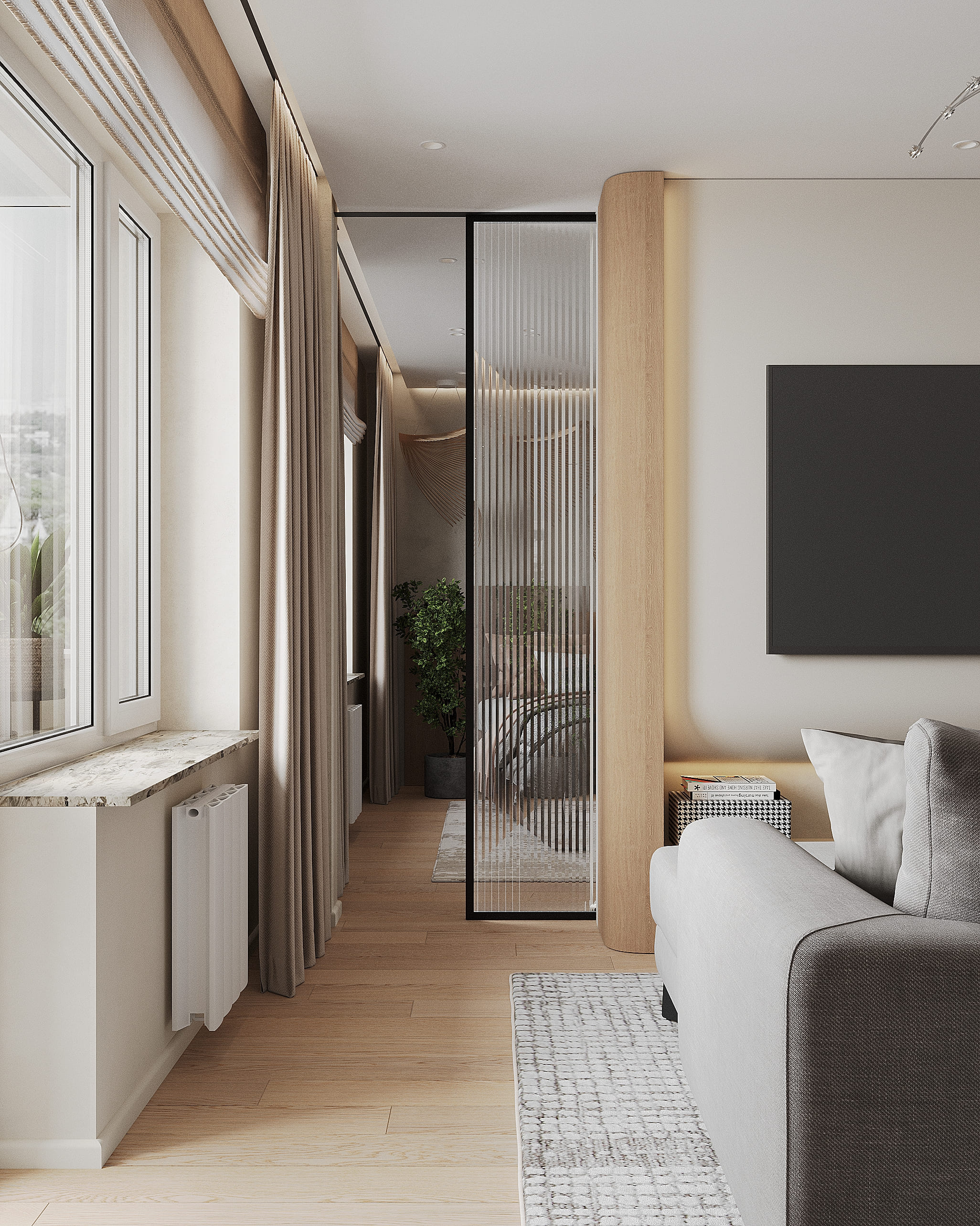 Круговая планировка в интерьере 56 м² с элементами japandi