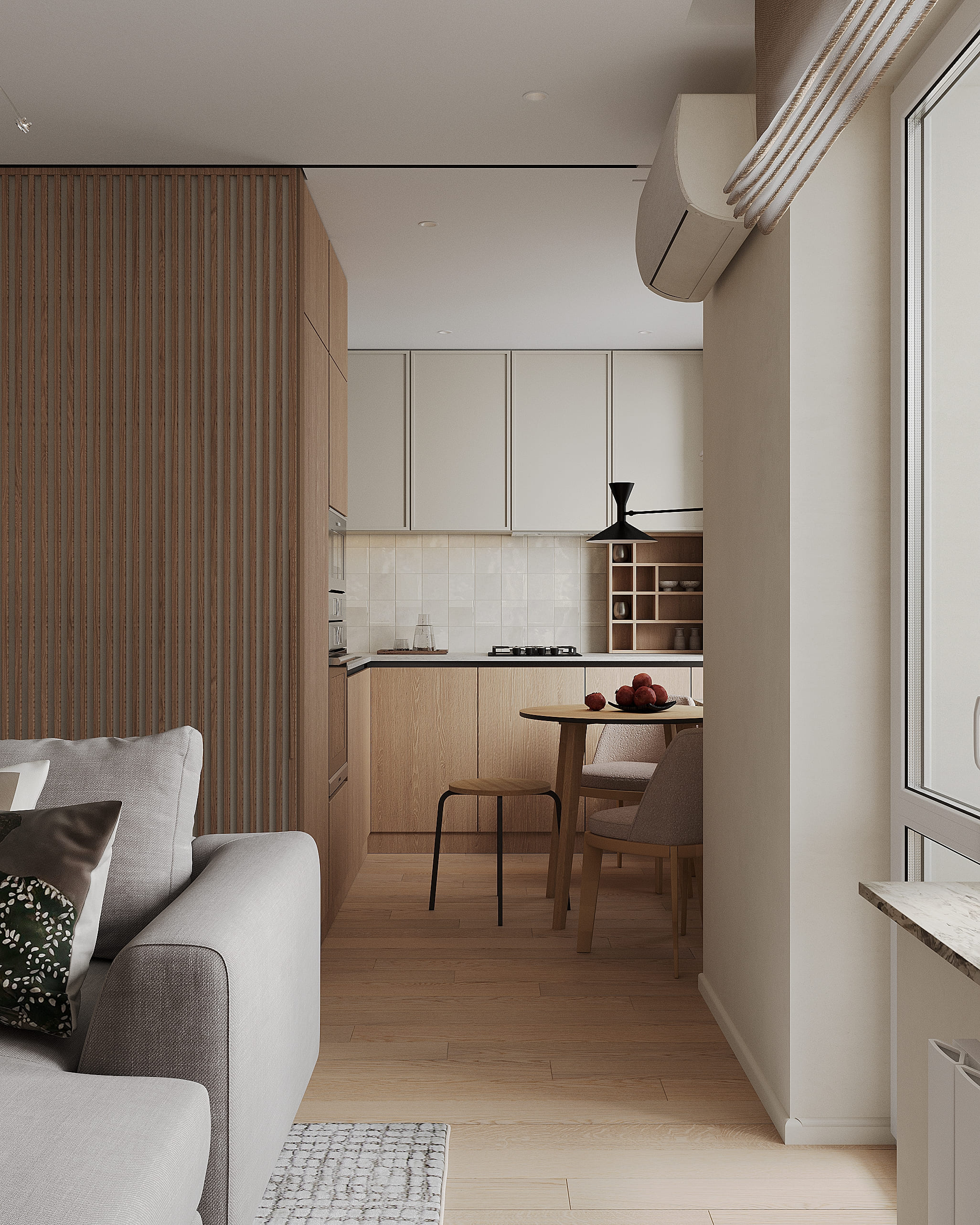 Круговая планировка в интерьере 56 м² с элементами japandi