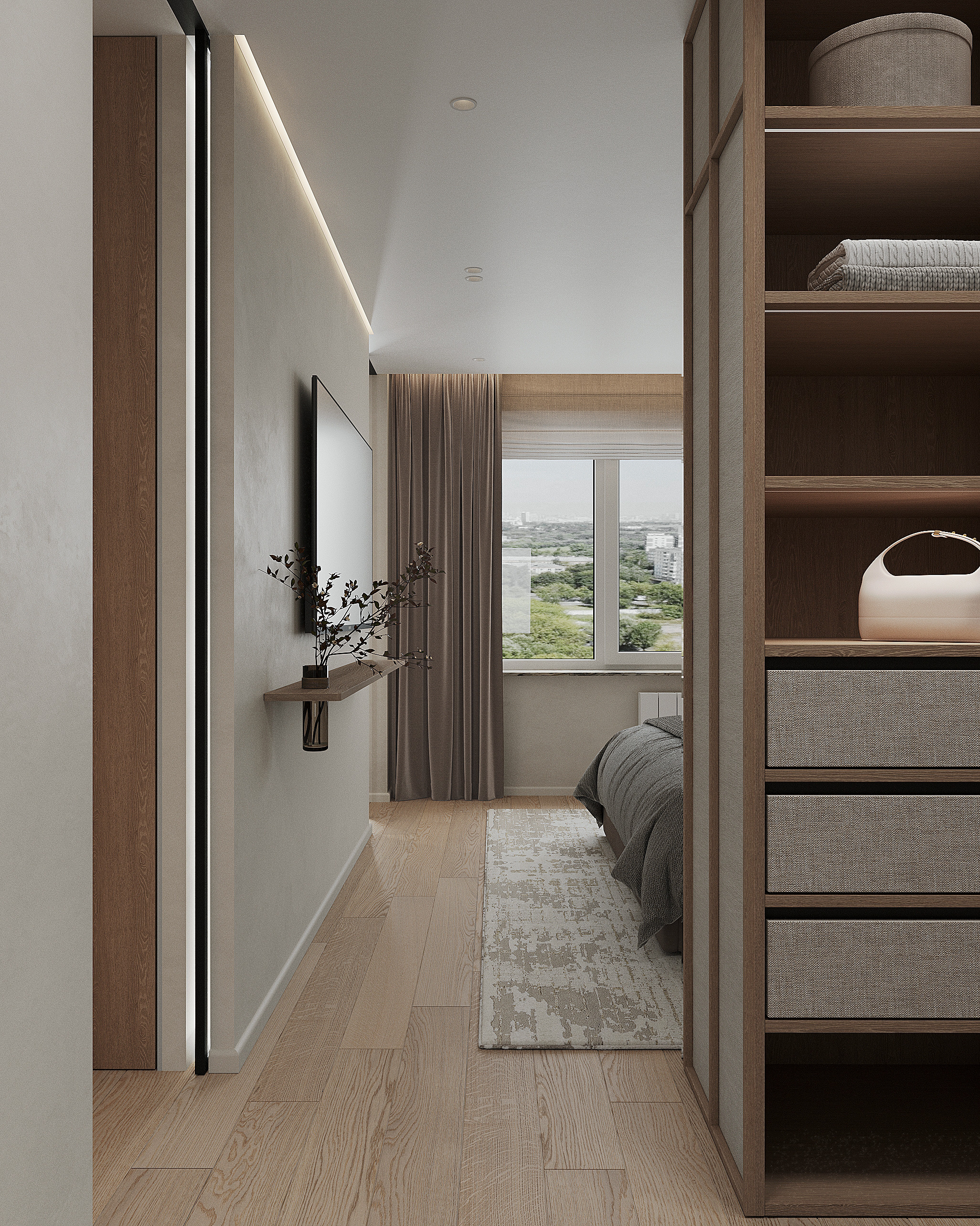 Круговая планировка в интерьере 56 м² с элементами japandi