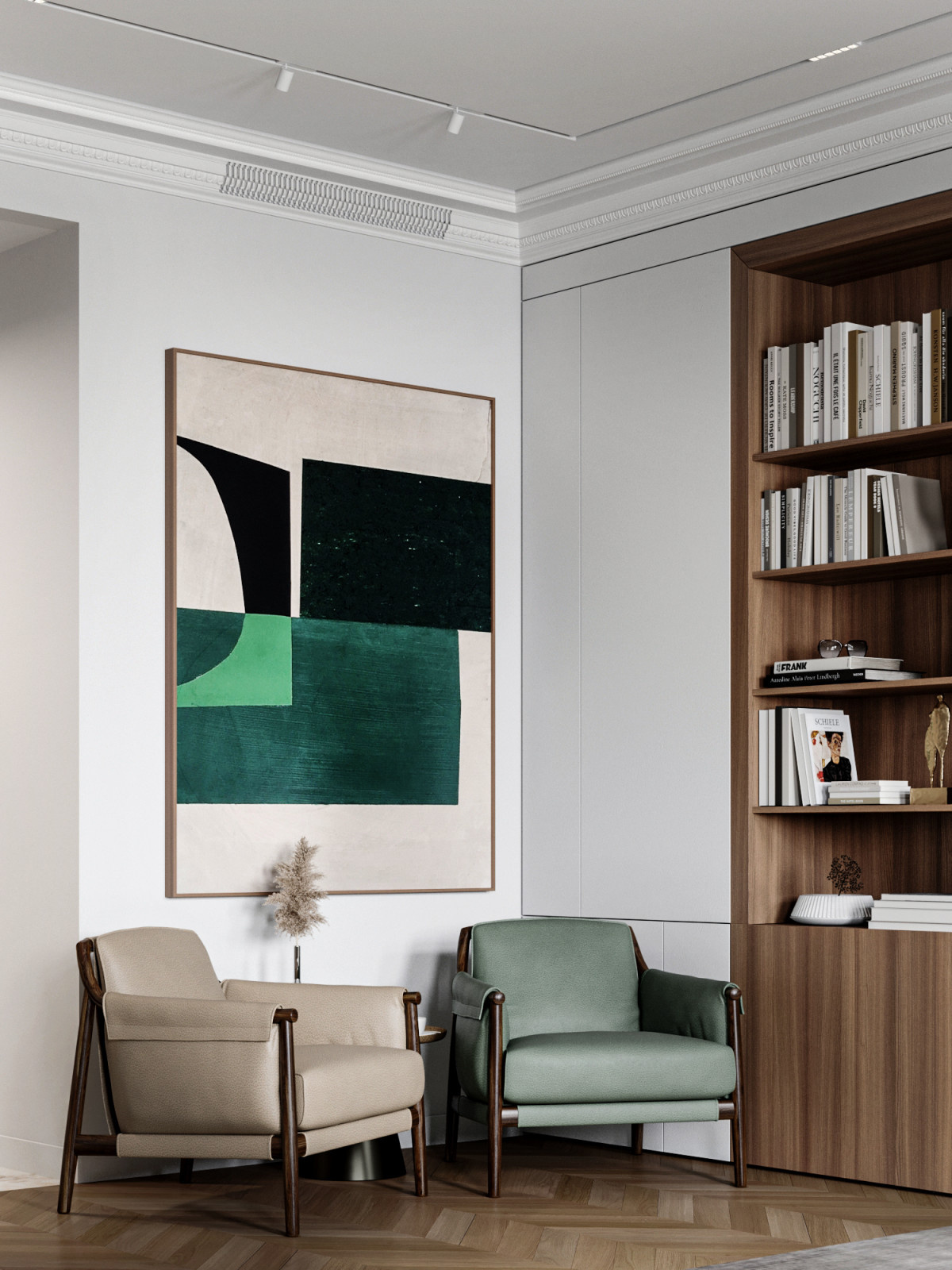 Уютный уголок для чтения в гостиной с акцентным зелёным