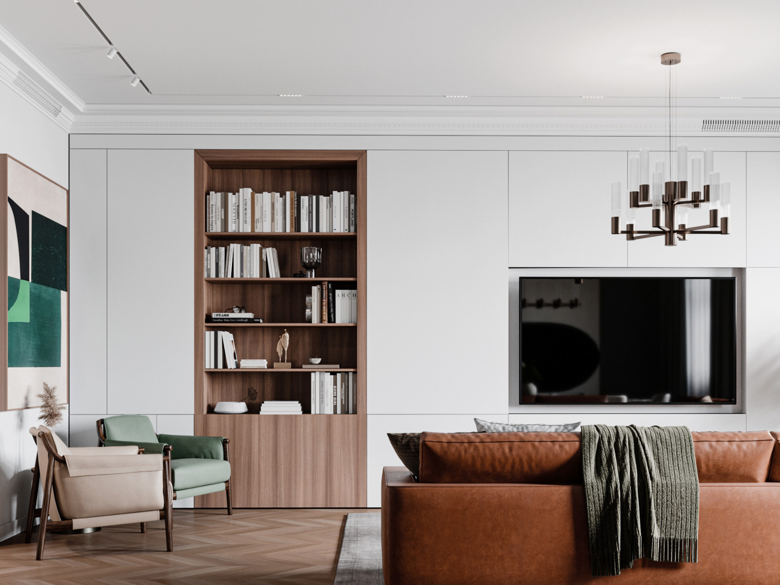 Гостиная с кожаным диваном, уголком для чтения и цветовыми аккентами