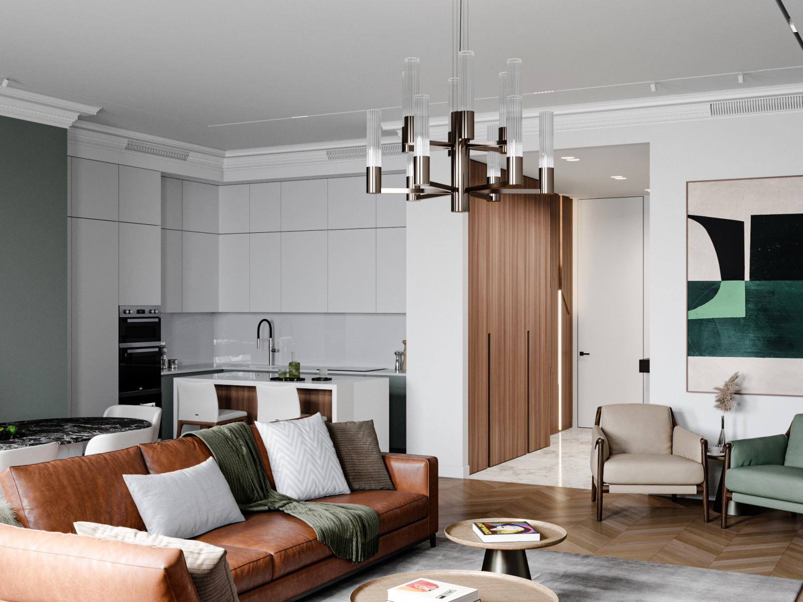 Гостиная, совмещенная с кухней в сдержанном стиле