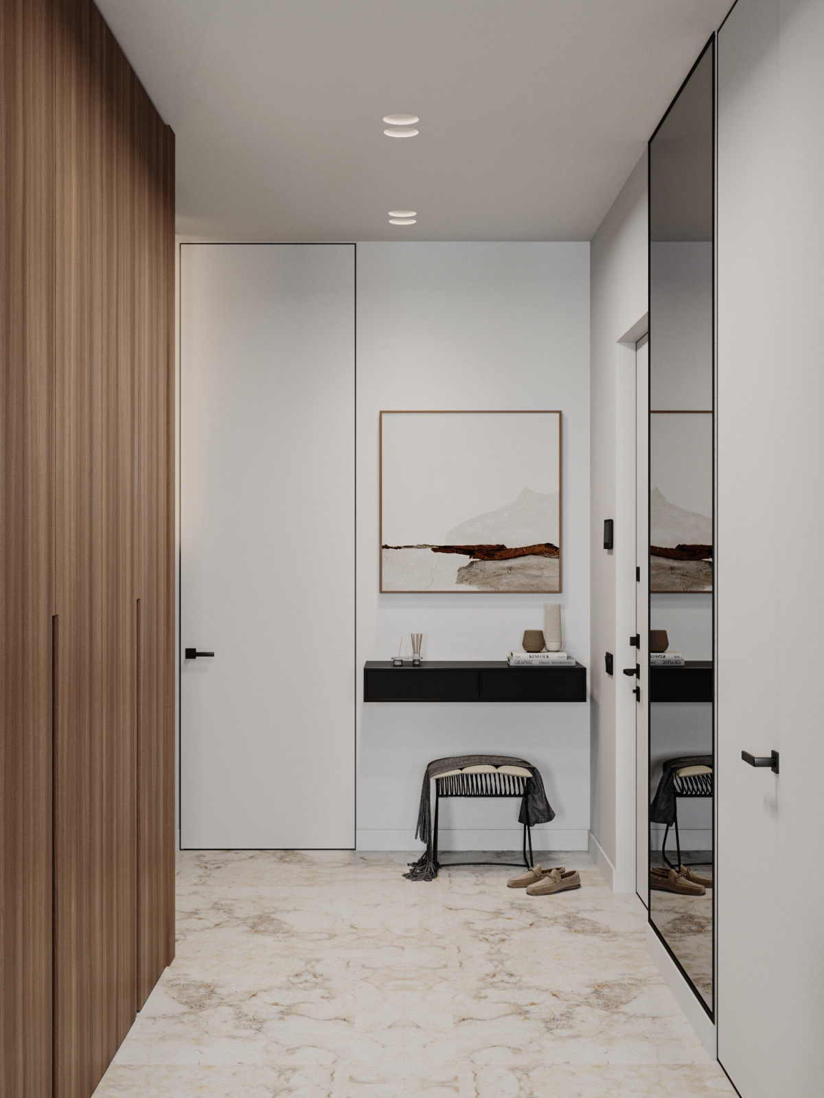 Светлая минималистичная прихожая с высоким шкафом и большим зеркалом