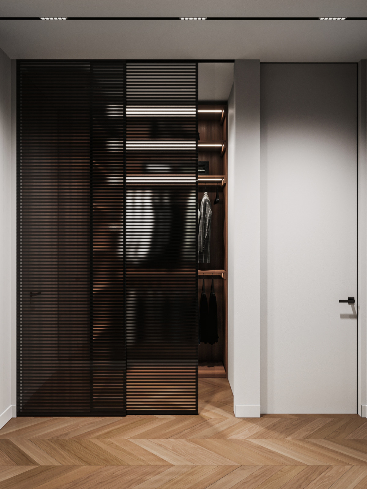 Раздвижные прозрачные двери в гардеробной комнате