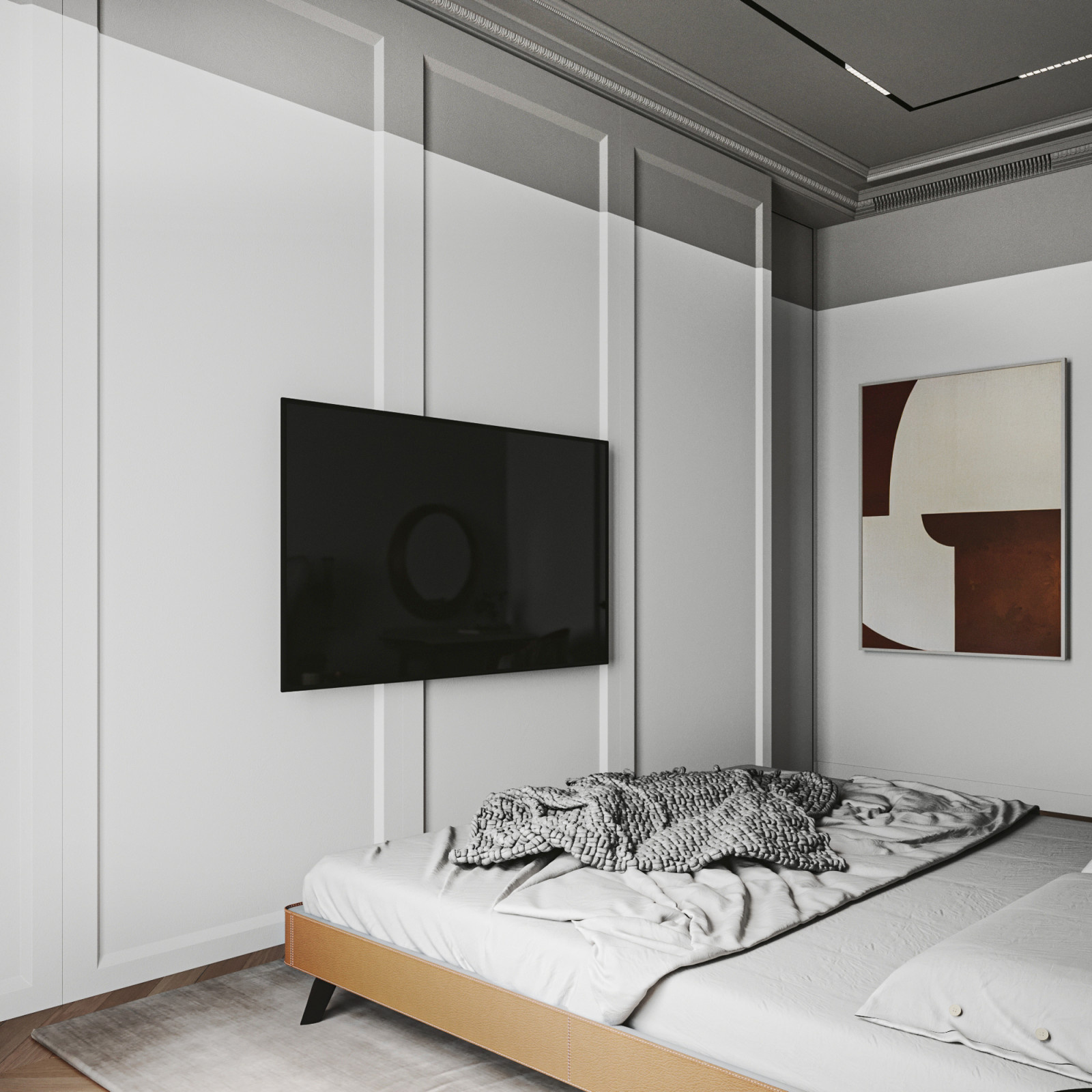 Фрагмент интерьера спальни с ТВ и картиной