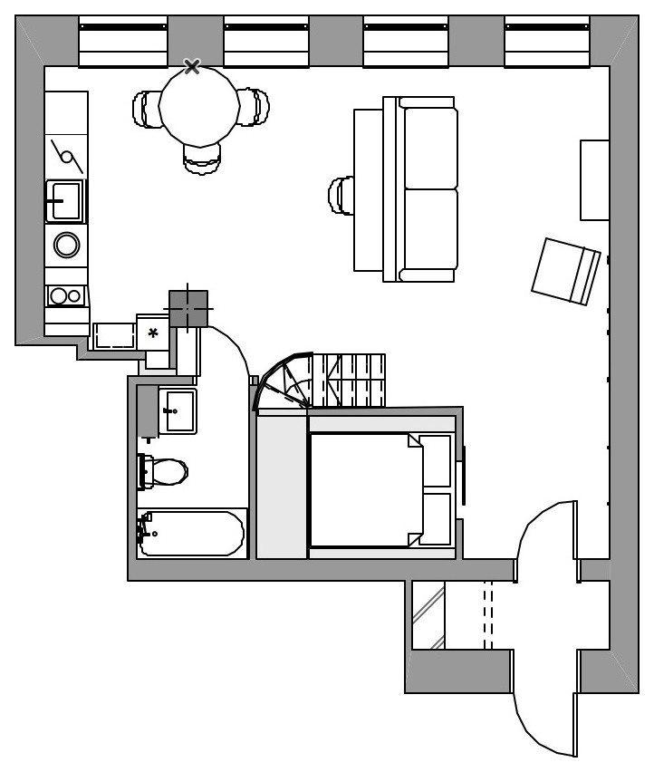 Houzz тур: Студия с отреставрированным кирпичом и четырьмя окнами