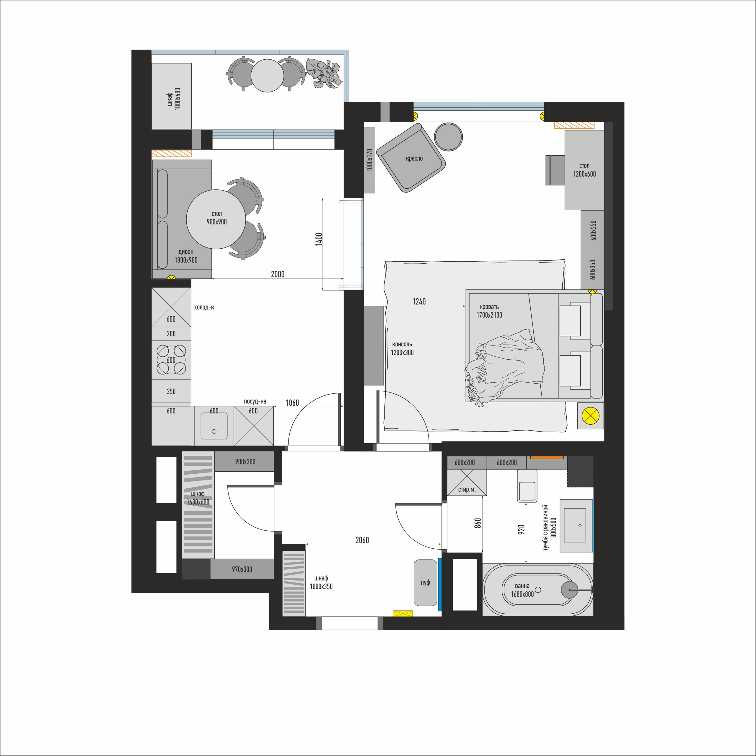 Поиск планировки: 46 кв.м с кухонным островом [6 вариантов]
