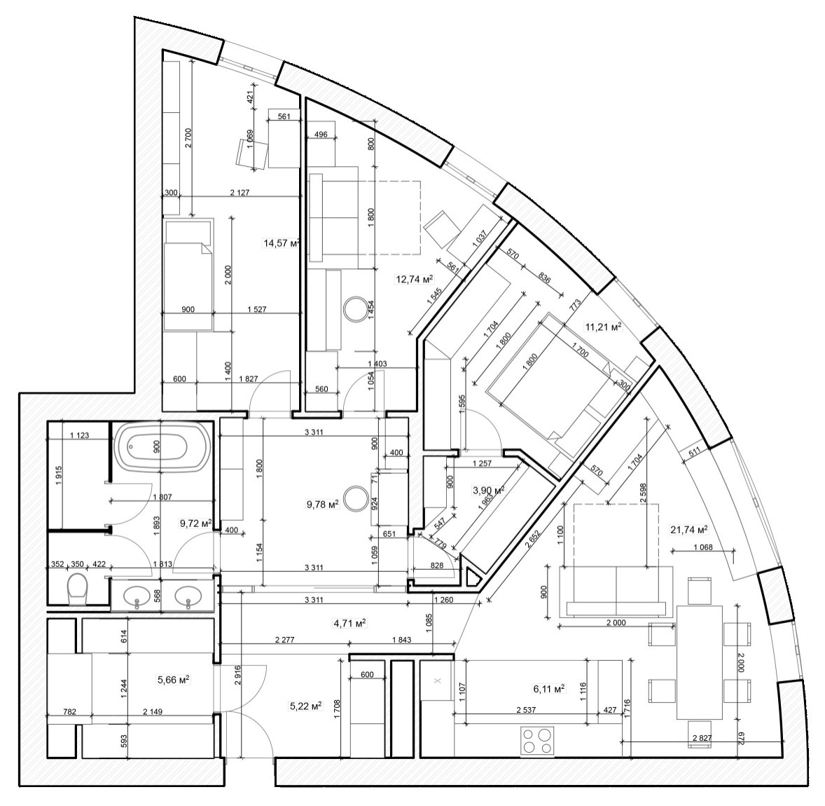 Поиск планировки: Квартира в форме четвертинки пиццы — 3 плана