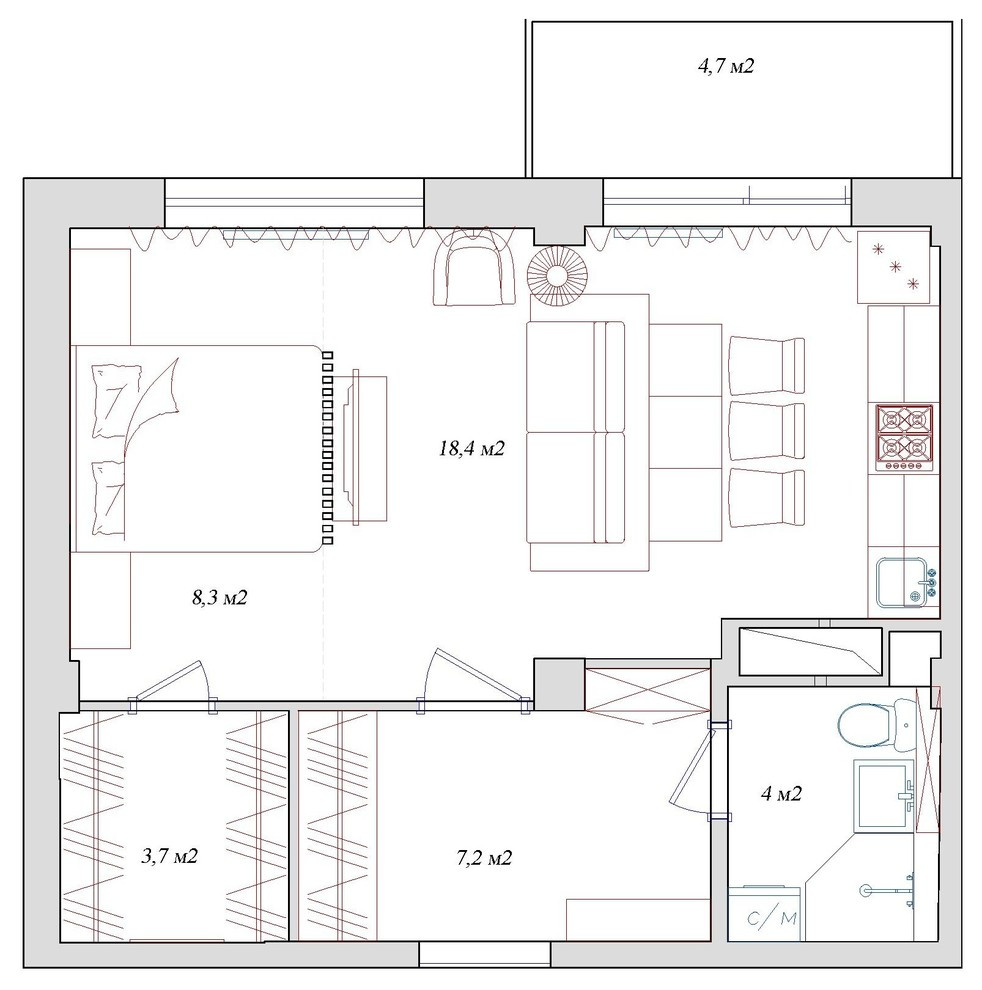 Есть задача: Спальня в гостиной