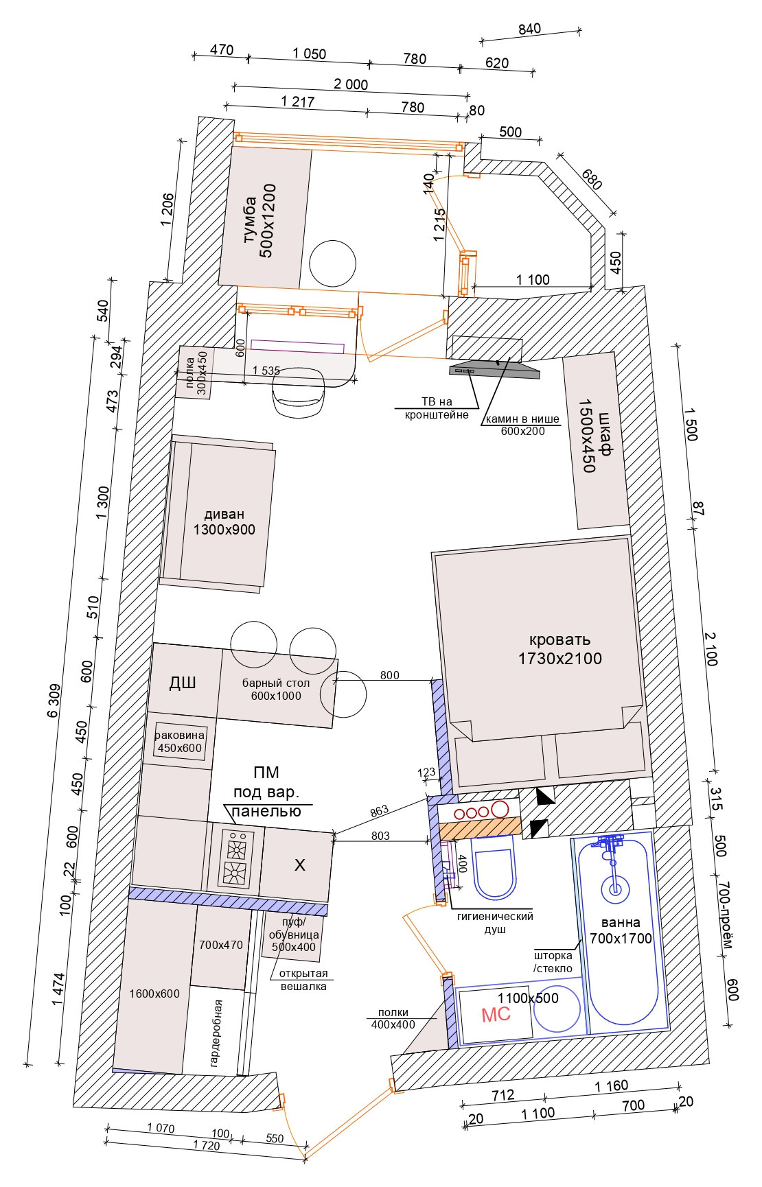 Поиск планировки: 3 плана + финал для студии-трапеции 28 кв.м