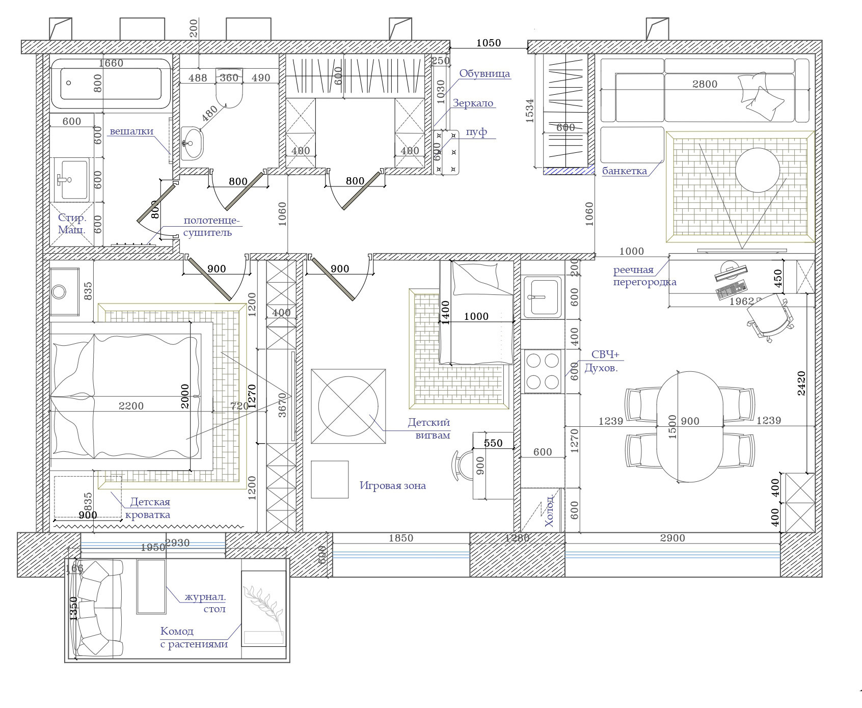 Поиск планировки: 3 варианта + финал для евротрешки с детской