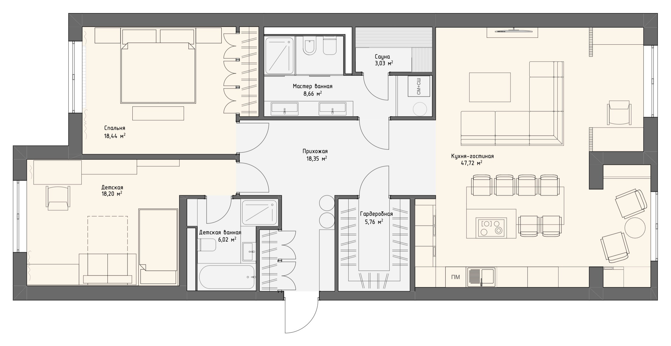 Houzz тур: Квартира с черной кухней и крошкой-сауной