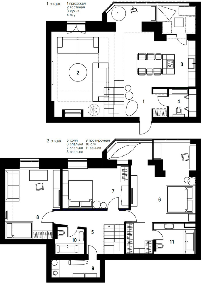 Houzz Украина: Двухэтажная квартира с белым кирпичом и галькой
