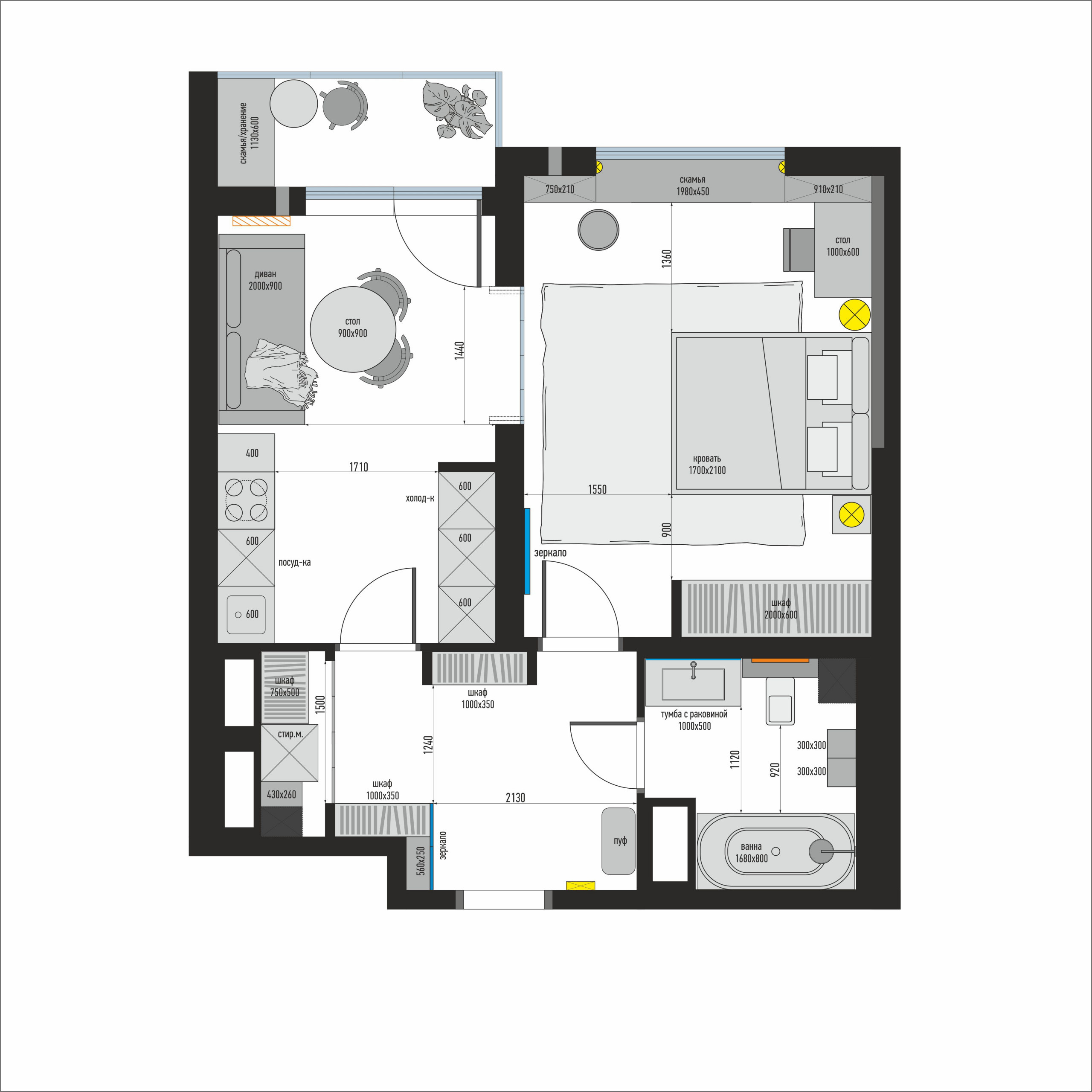 Поиск планировки: 46 кв.м с кухонным островом [6 вариантов]