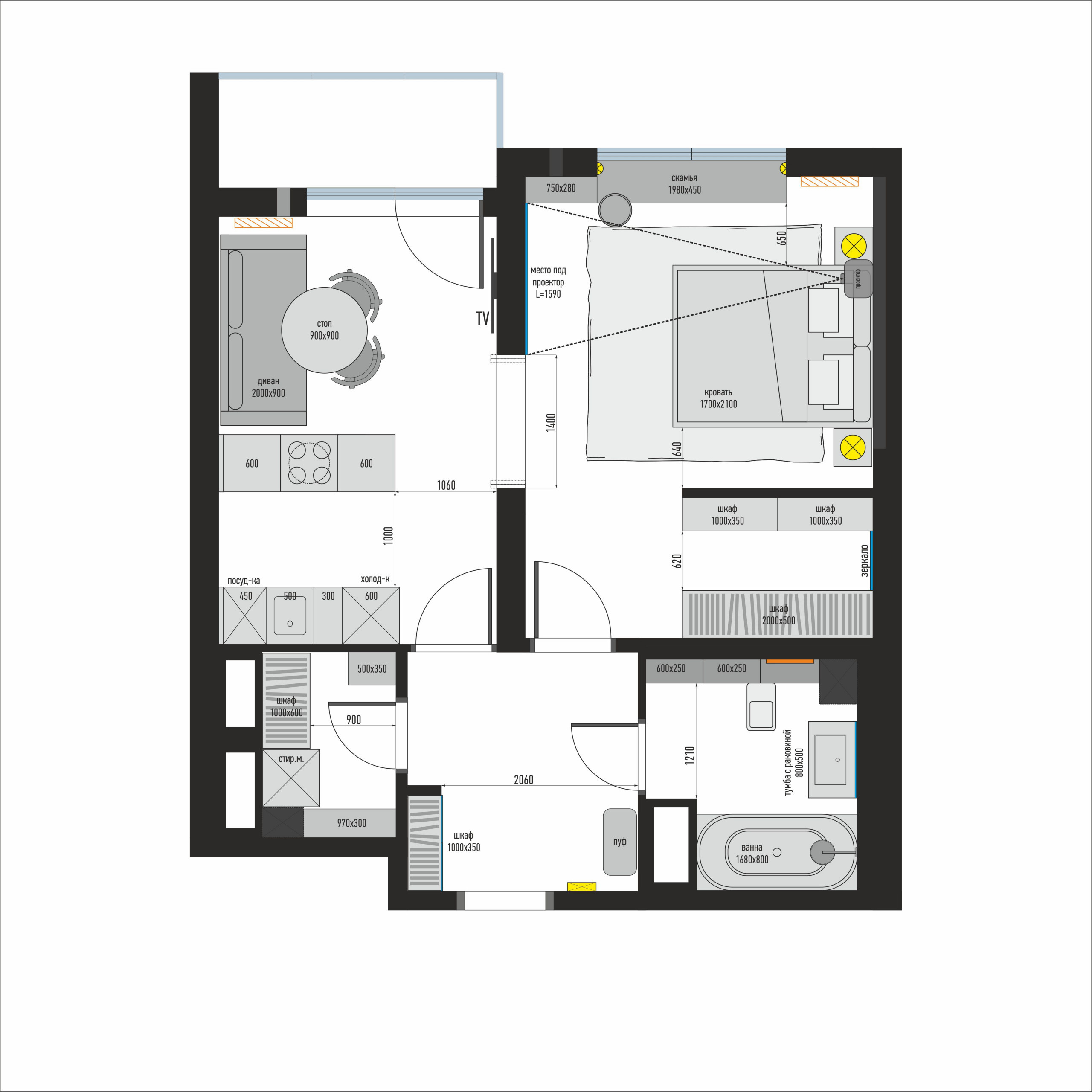 Поиск планировки: 46 кв.м с кухонным островом [6 вариантов]