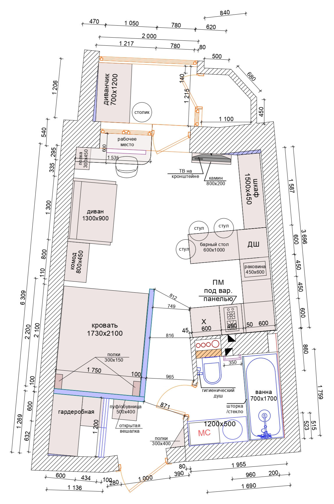 Поиск планировки: 3 плана + финал для студии-трапеции 28 кв.м