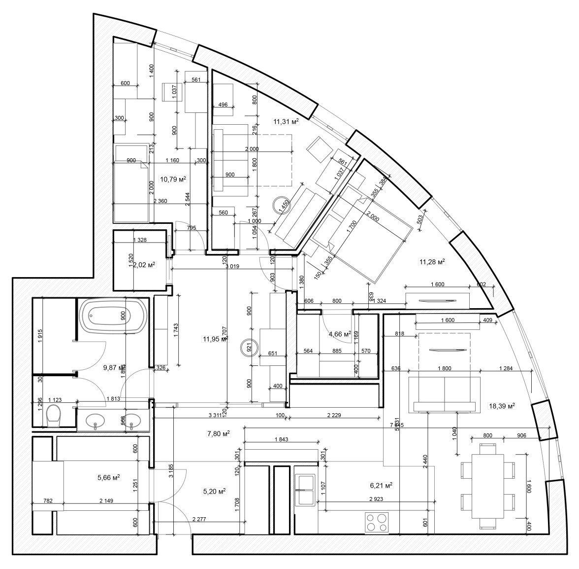 Поиск планировки: Квартира в форме четвертинки пиццы — 3 плана