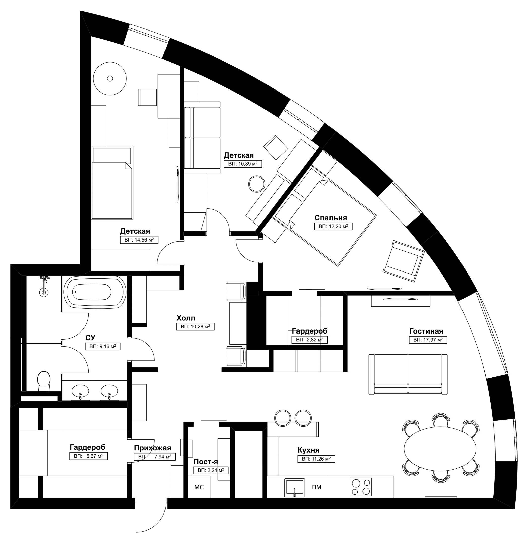 Поиск планировки: Квартира в форме четвертинки пиццы — 3 плана