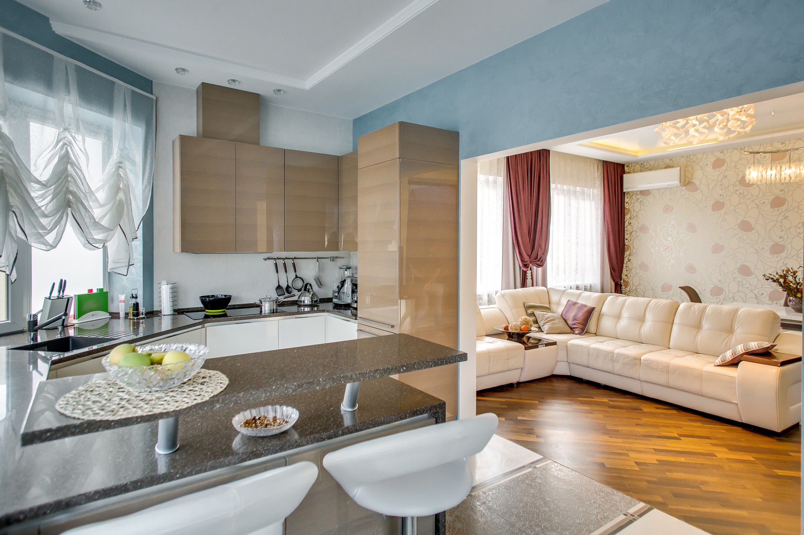 Зонирование кухни и гостиной