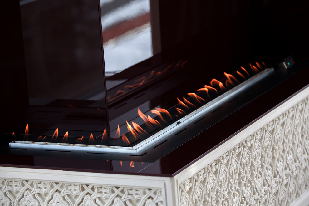 Гостиная с камином, угловой автоматический биокамин Decoflame
