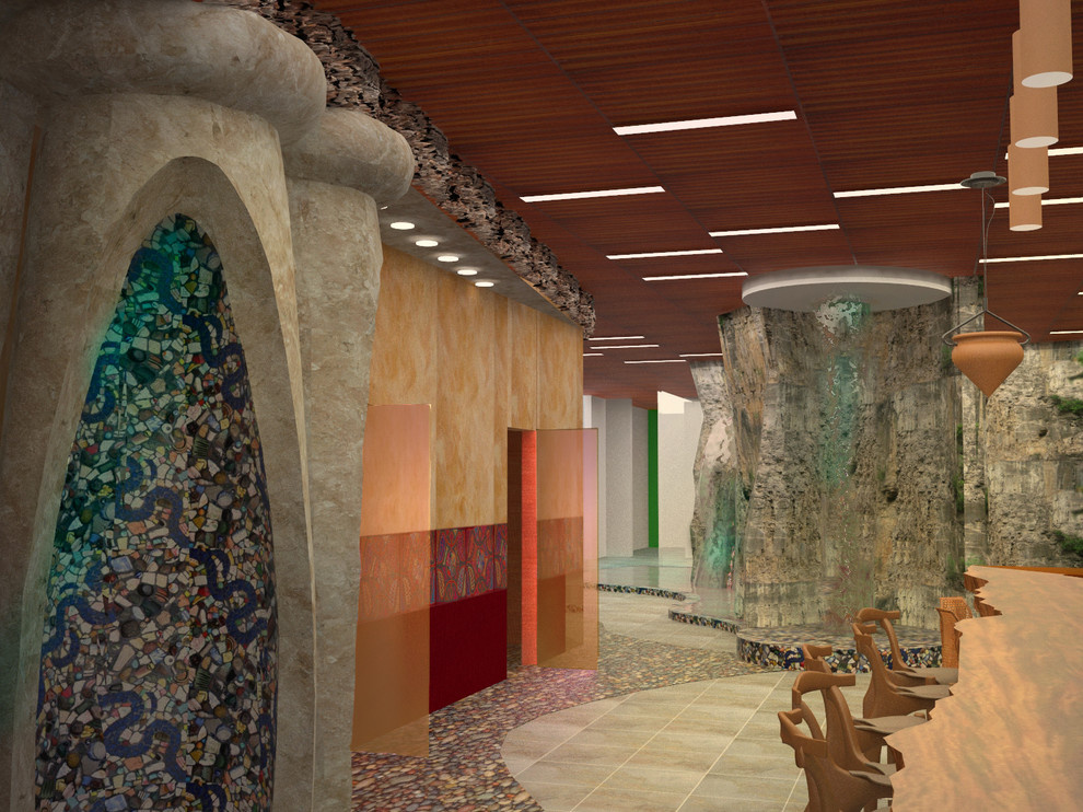 Предложение для проектирования аквапарка в Пскове, зона саун и кафе.