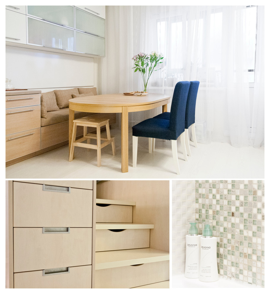 Коллаж: столовая зона, ступени-ящики, ведущие в спальню, мозаика в ванной