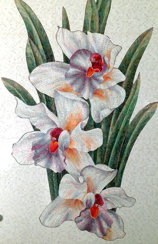 Мозаичное панно орхидеи интегрированное в плоскость керамической плитки