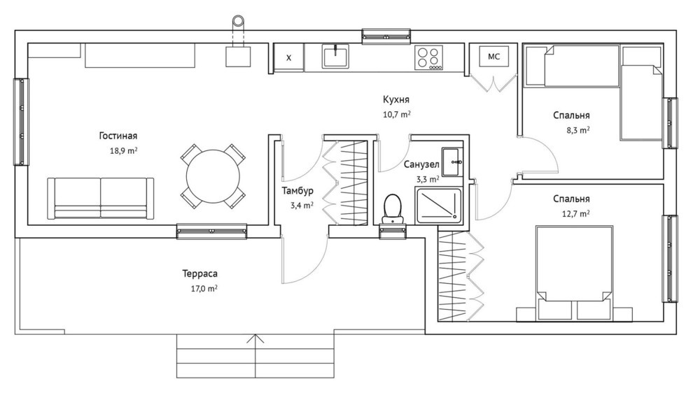 Одноэтажный каркасный дом 13.7х6.2 м