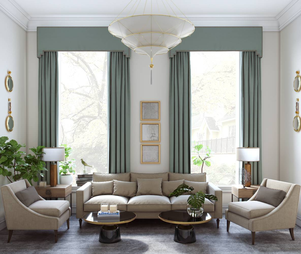 Transitional dusty colors living room