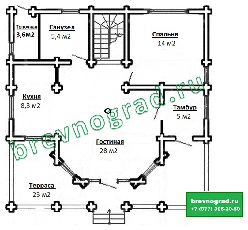 Красивый дом из оцилиндрованного бревна "Крокус" 132 м2