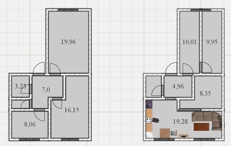 Рис.4. Двушка, 57,5 план от застройщика и эскиз хозяев