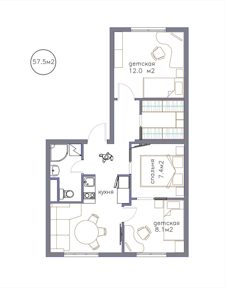 Рис.5 Двушка, 57 5 м2, перепланировка.