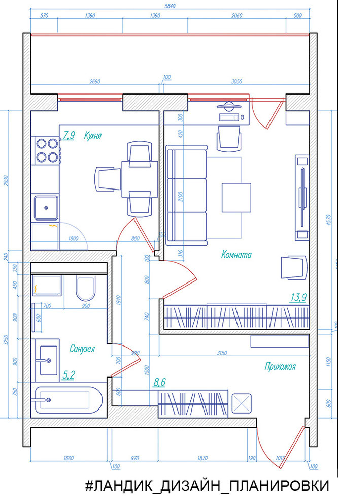 Однокомнатная квартира в современном стиле, вариант 2