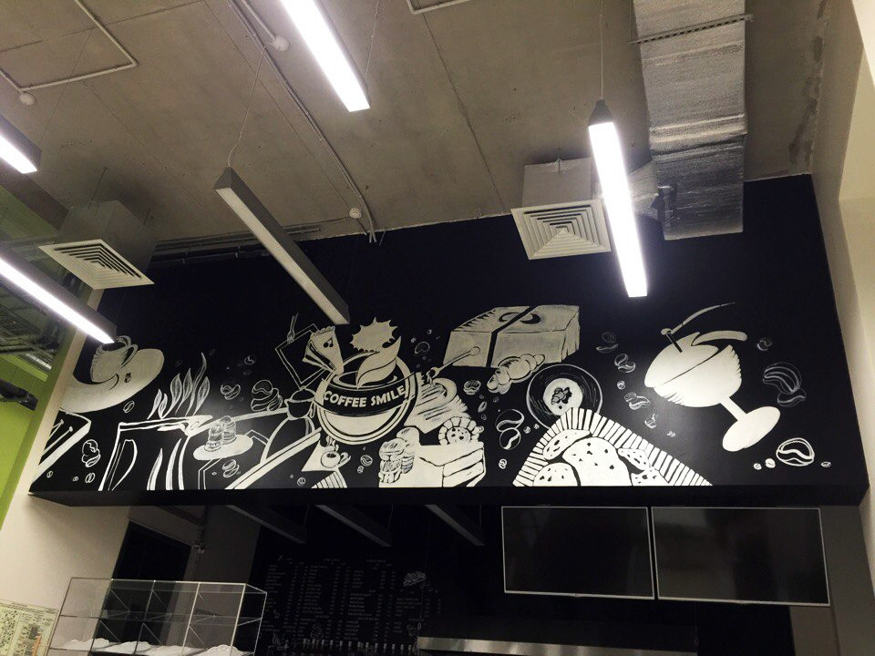 Роспись грифельных стен в сэндвич-баре COFFEE SMILE в Технопарке Сколково.
